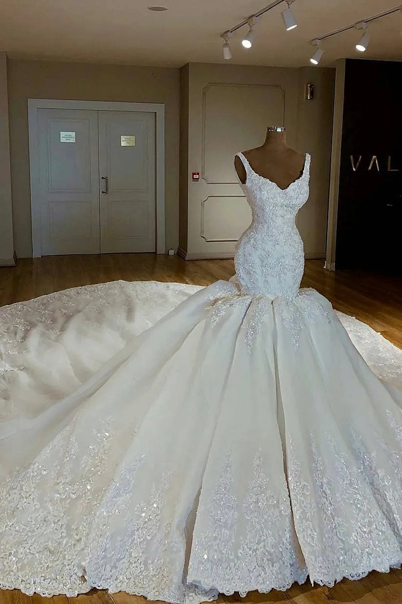 Stunning Long Mermaid Satin Beading Straps Appliques Lace Wedding Dresses - YESBABYONLINE