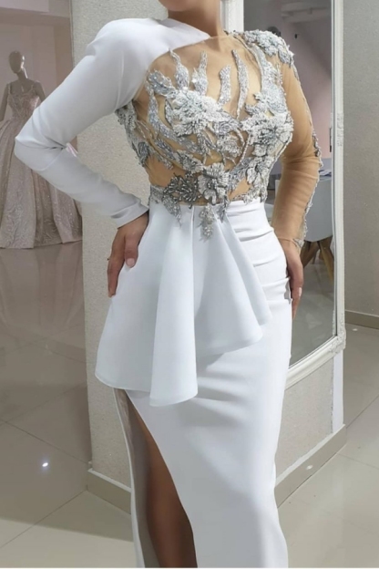 Chicloth One Shoulder Long Sleeves Side Split Prom Dress With Appliques