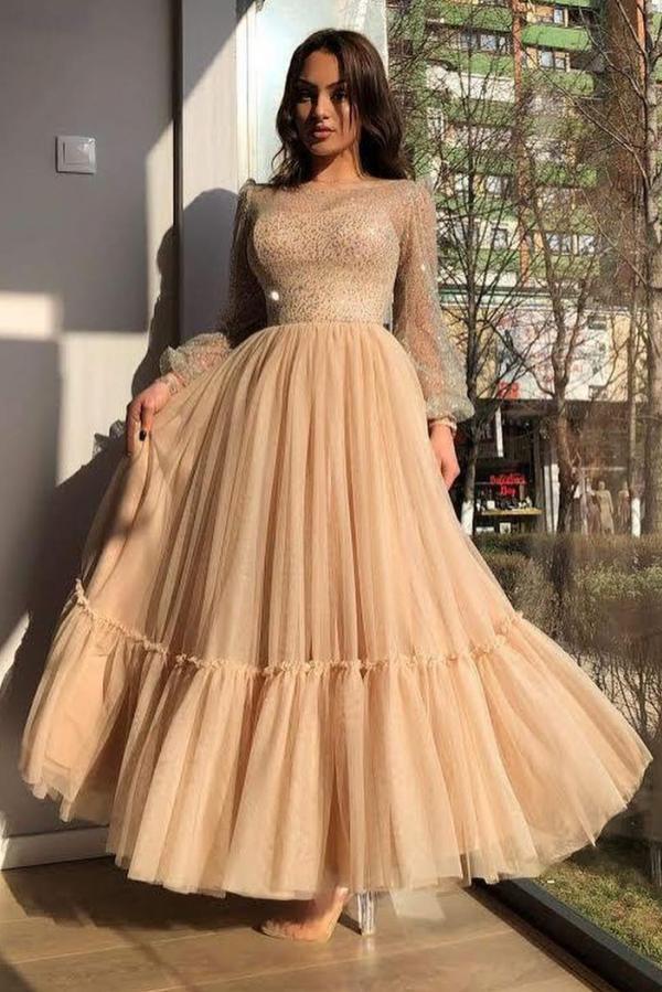 Chicloth Long Sleeves Champagne Prom Dress Tulle Skirt