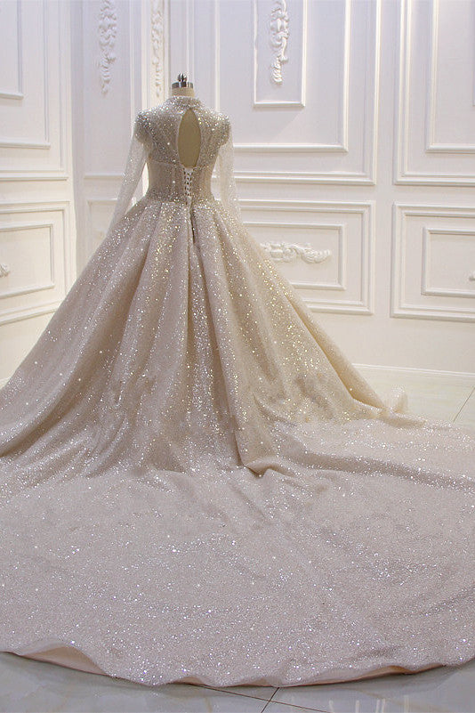Chicloth Glamorous Ball Gown High Neck Wedding Dress Long Sleeves Sparkly Sequined Beading Bridal Gowns On Sale