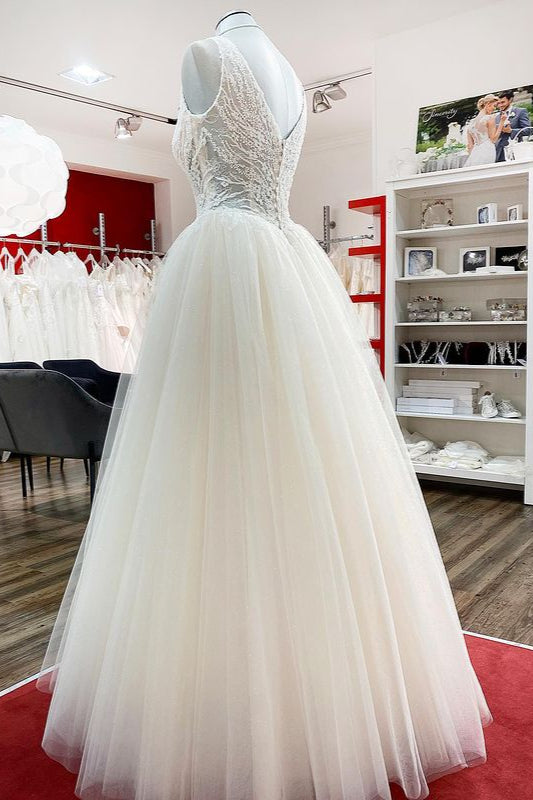 Chicloth Simple Ivory Tulle Lace Ruffles A-Line Wedding Dresses