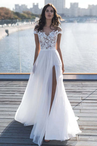 Chicloth Cap Sleeves Appliques Wedding Dress Long With Split