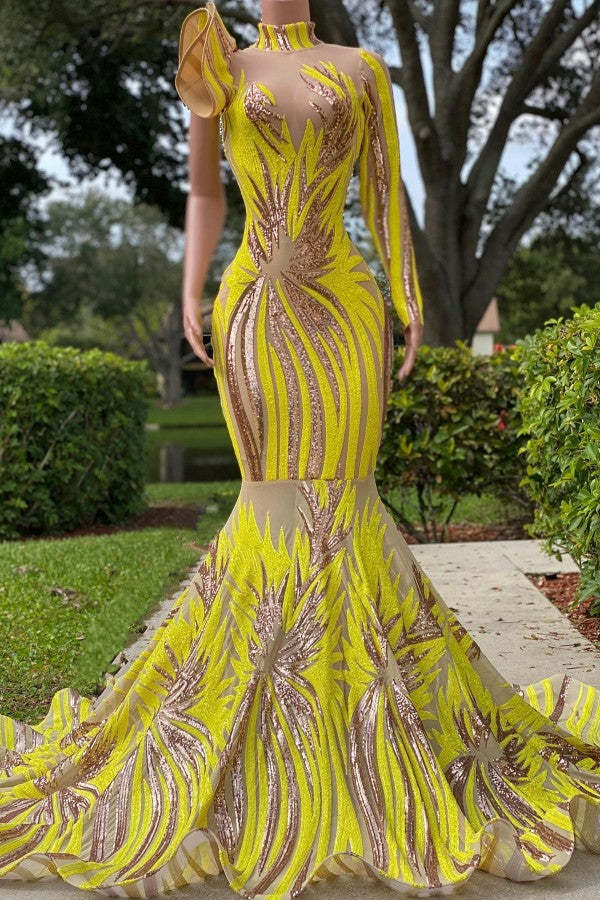 Chicloth Yellow Long Sleeves Prom Dress Mermaid Sequins Online