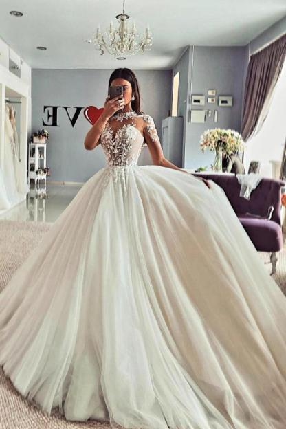 Chicloth Long Sleeves Tulle Wedding Dress Princess With Appliques