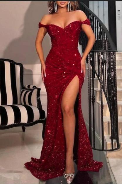 Chicloth Off-the-Shoulder Burgundy Prom Dresses Sequins Long Slit