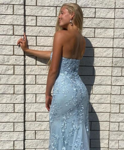 Chicloth Strapless Lace Appliques Mermaid Prom Dress Long With Split