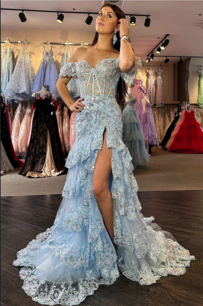 Off-the-shoulder Sweetheart Tulle Sequins Split Front A-Line Prom Dresses
