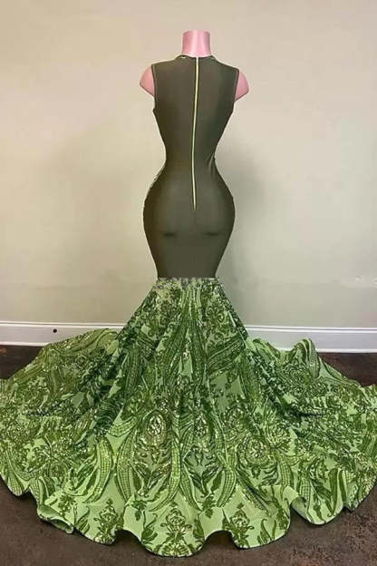 Chicloth Designer Green V-neck Sequins Sleeveless Floor-length Mermaid Prom Dresses