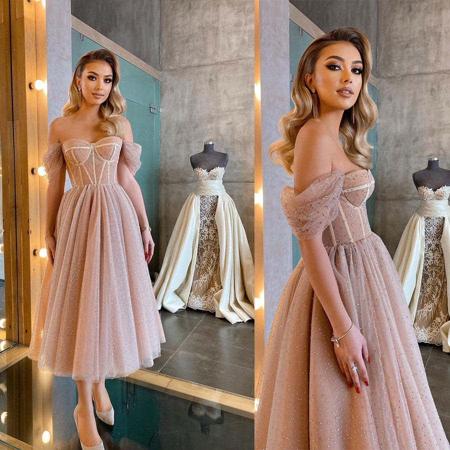 Cheap Off-the-Shoulder Sequins Tulle Short Prom Dress