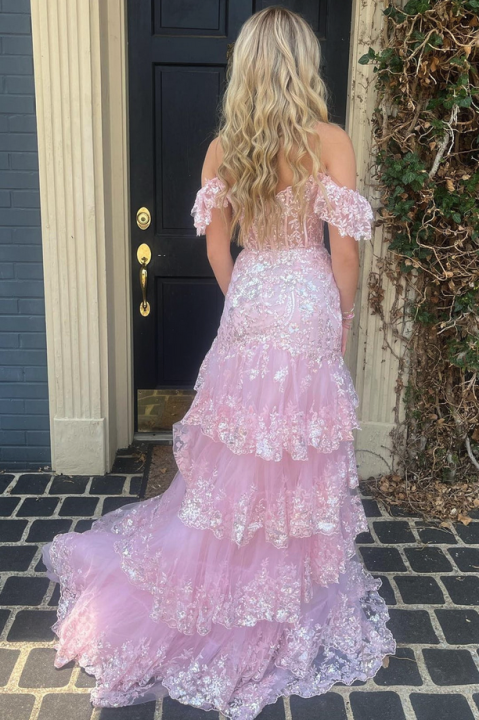 Off-the-shoulder Sweetheart Tulle Sequins Split Front A-Line Prom Dresses