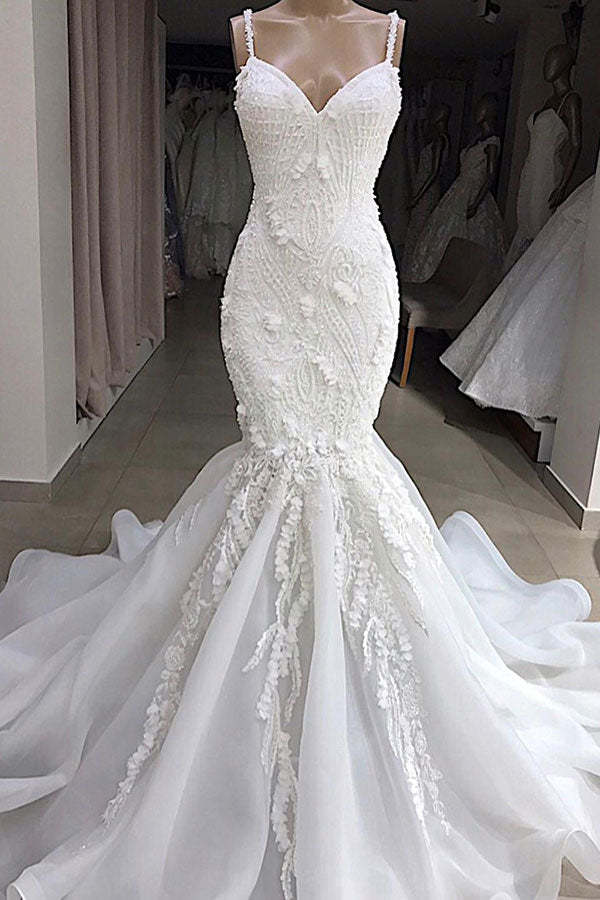 Chicloth Sexy Mermaid Spaghetti Straps Ivory Wedding Dresses With Appliques Tulle Lace Bridal Gowns On Sale