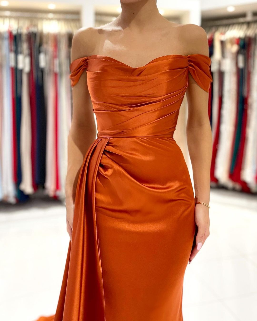 Chicloth Burnt Orange Mermaid Prom Dress Off-the-Shoulder Slit Party Gowns