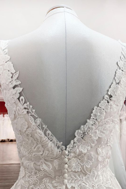 Chicloth Simple Tulle Lace V Neck Appliques A-Line Wedding Dresses Long