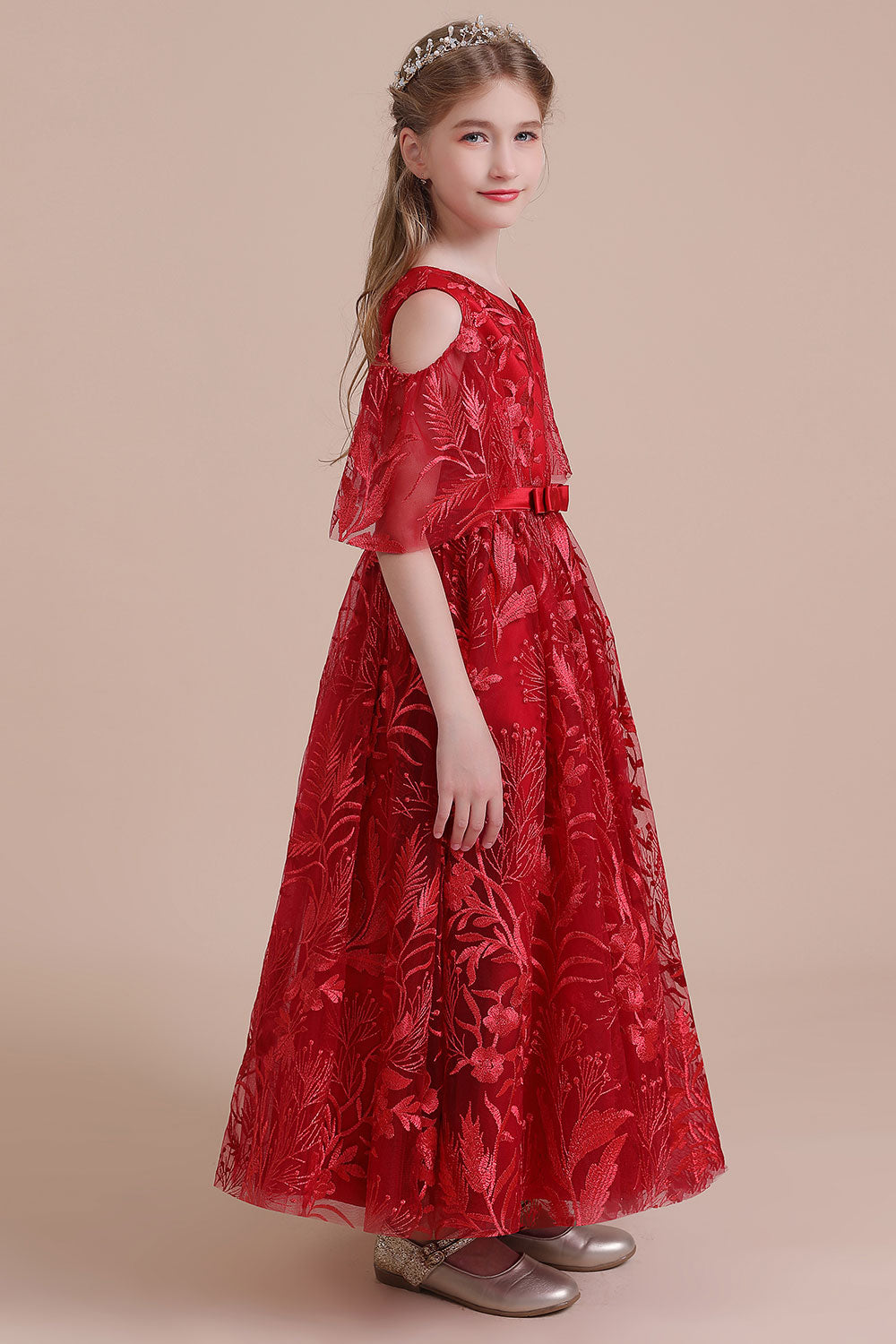 Chicloth A-Line V-neck Tulle Cold-shoulder Flower Girl Dress On Sale