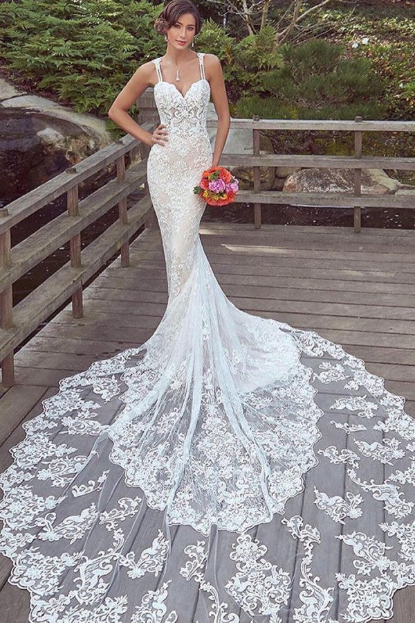 Chicloth Spaghetti-Straps Lace Wedding Dress Mermaid Bridal Gowns Sleeveless