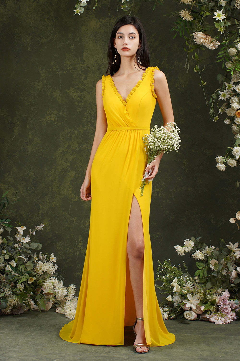 Chicloth V-Neck Bridesmaid Dress Chiffon With Slit