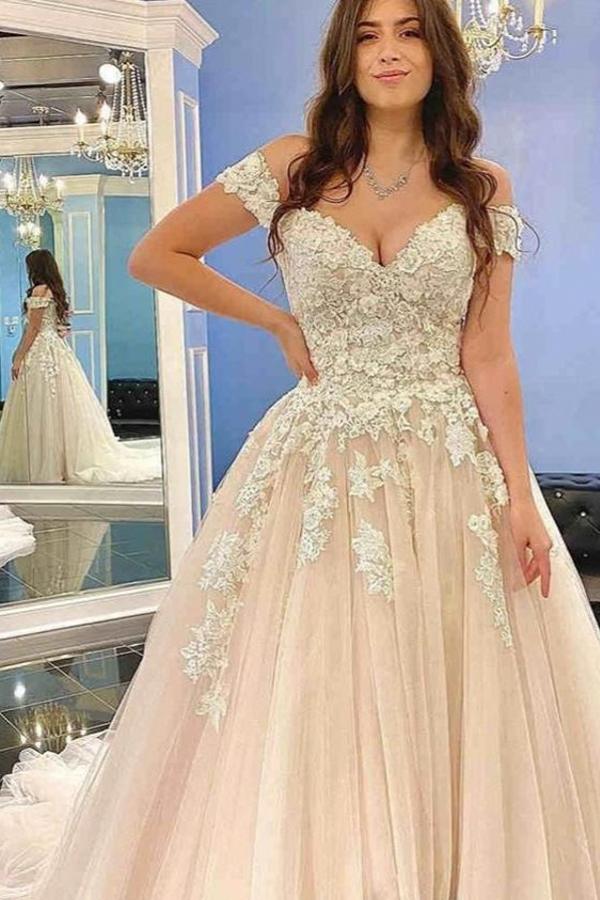 Chicloth Off-the-Shoulder Princess Wedding Dress Champagne With Lace Appliques