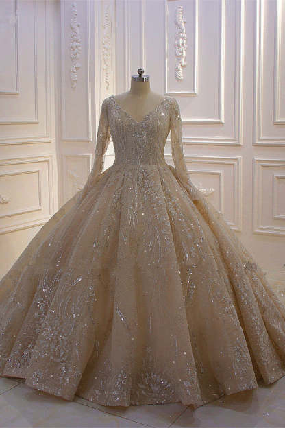 Chicloth Gorgeous Ball Gown V-neck Wedding Dress Long Sleeves Applqiues Sequined Bridal Gowns Online