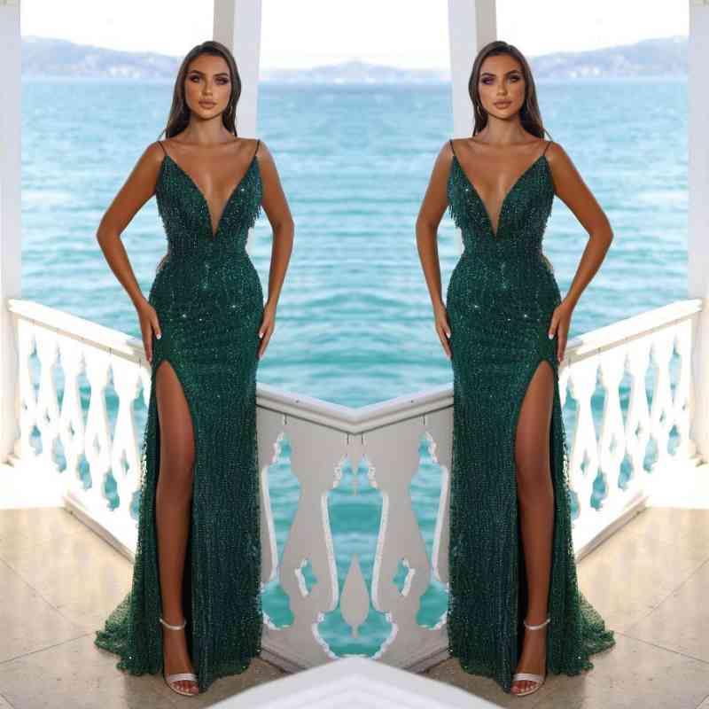 Chicloth Dark green Sleeveless Prom Dress Mermaid Slit With Sequins Beads