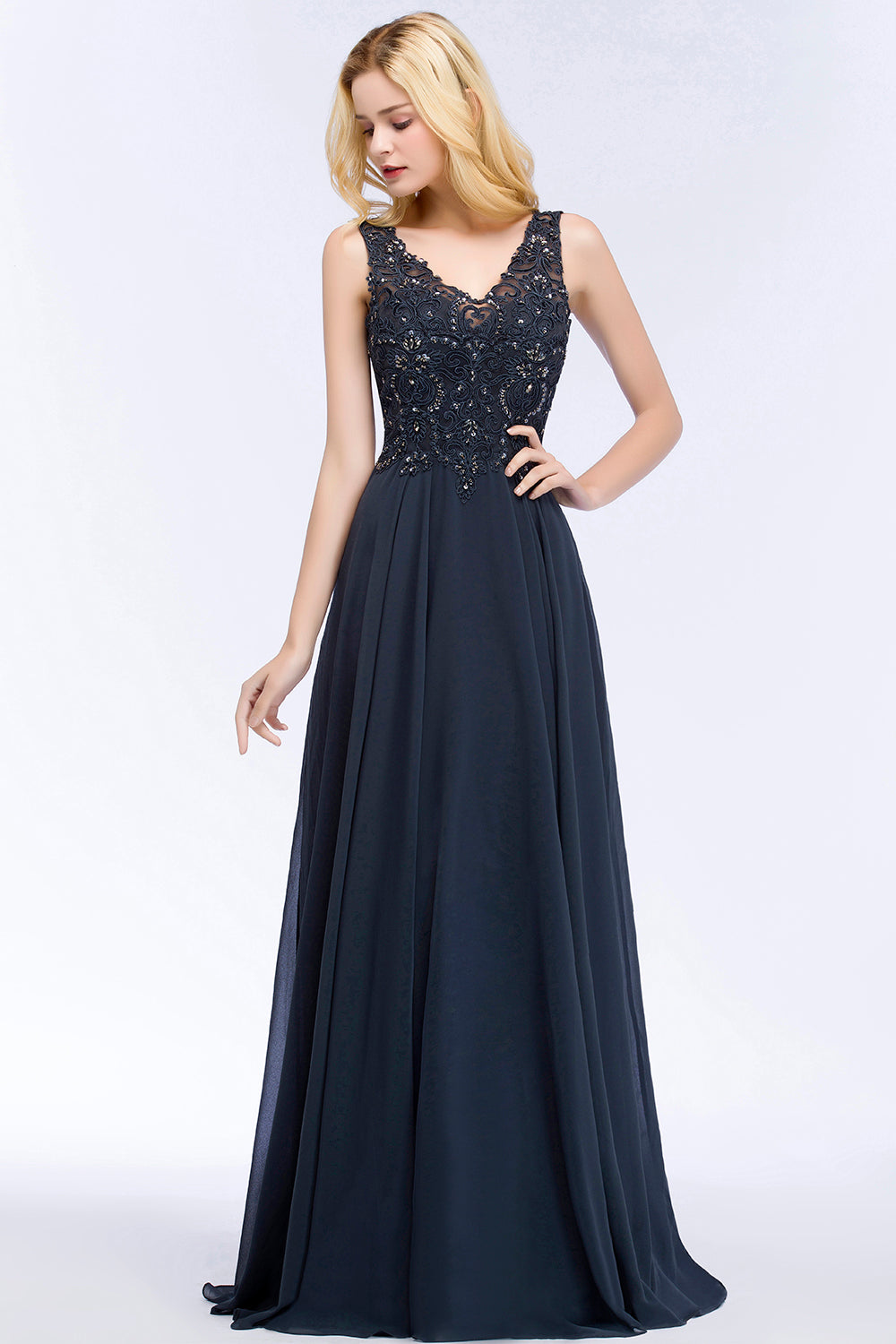 Chicloth A-line V-neck Sleeveless Long Appliqued Chiffon Prom Dress with Crystals