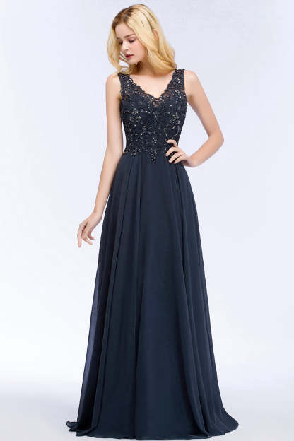 Chicloth A-line V-neck Sleeveless Long Appliqued Chiffon Prom Dress with Crystals