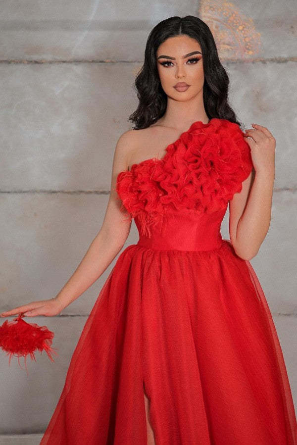 Chicloth Red One Shoulder Prom Dress A-Line Long With Slit