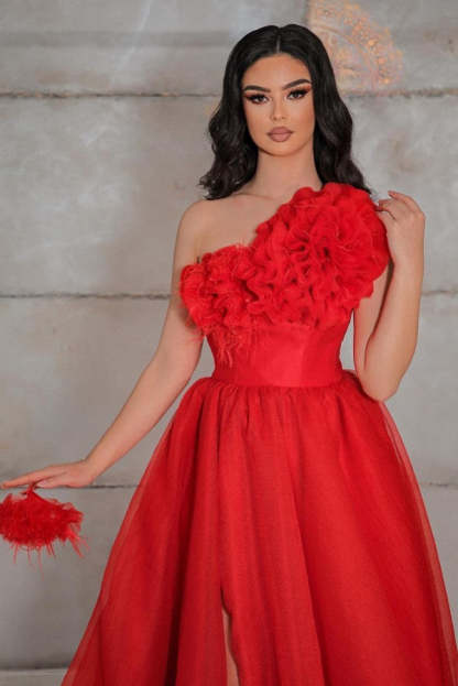 Chicloth Red One Shoulder Prom Dress A-Line Long With Slit