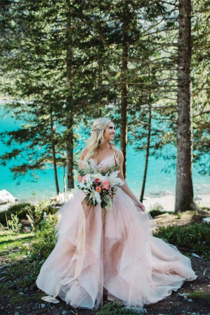 Chicloth Pink Spaghetti-Straps Wedding Dress Tulle Backless Long