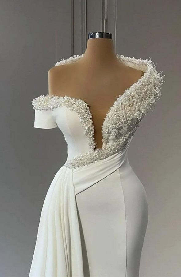 Chicloth Off-the-Shoulder Mermaid Evening Dress Ruffle With Pearls