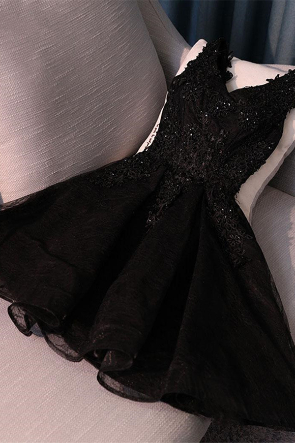 Black Homecoming Graduation Dress | Lace Applique Beaded Tulle Short Prom Dress | Elegant