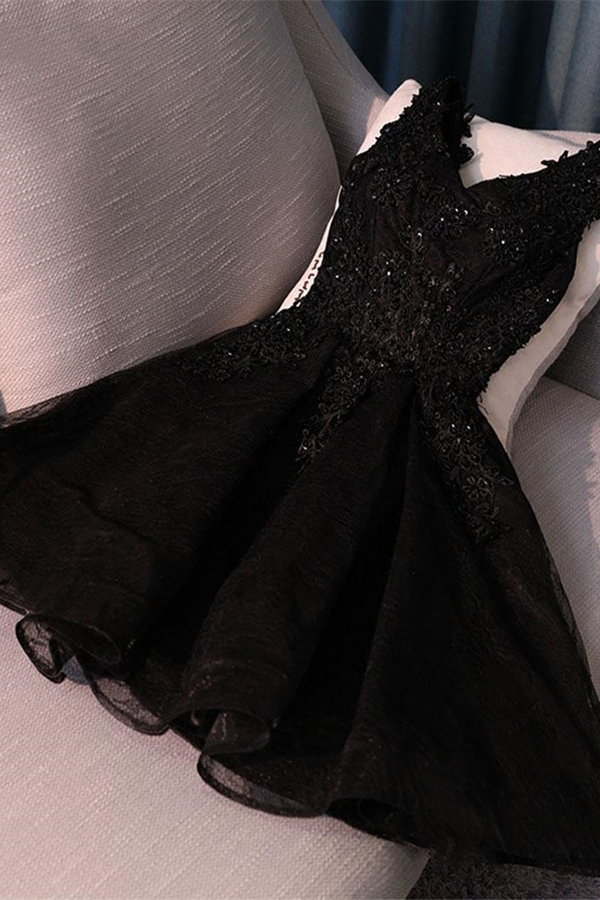 Black Homecoming Graduation Dress | Lace Applique Beaded Tulle Short Prom Dress | Elegant
