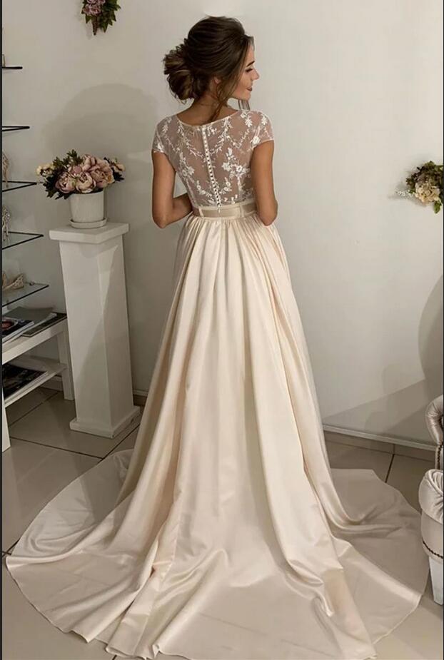Chicloth Short Sleeves Long Wedding Dress With Appliques
