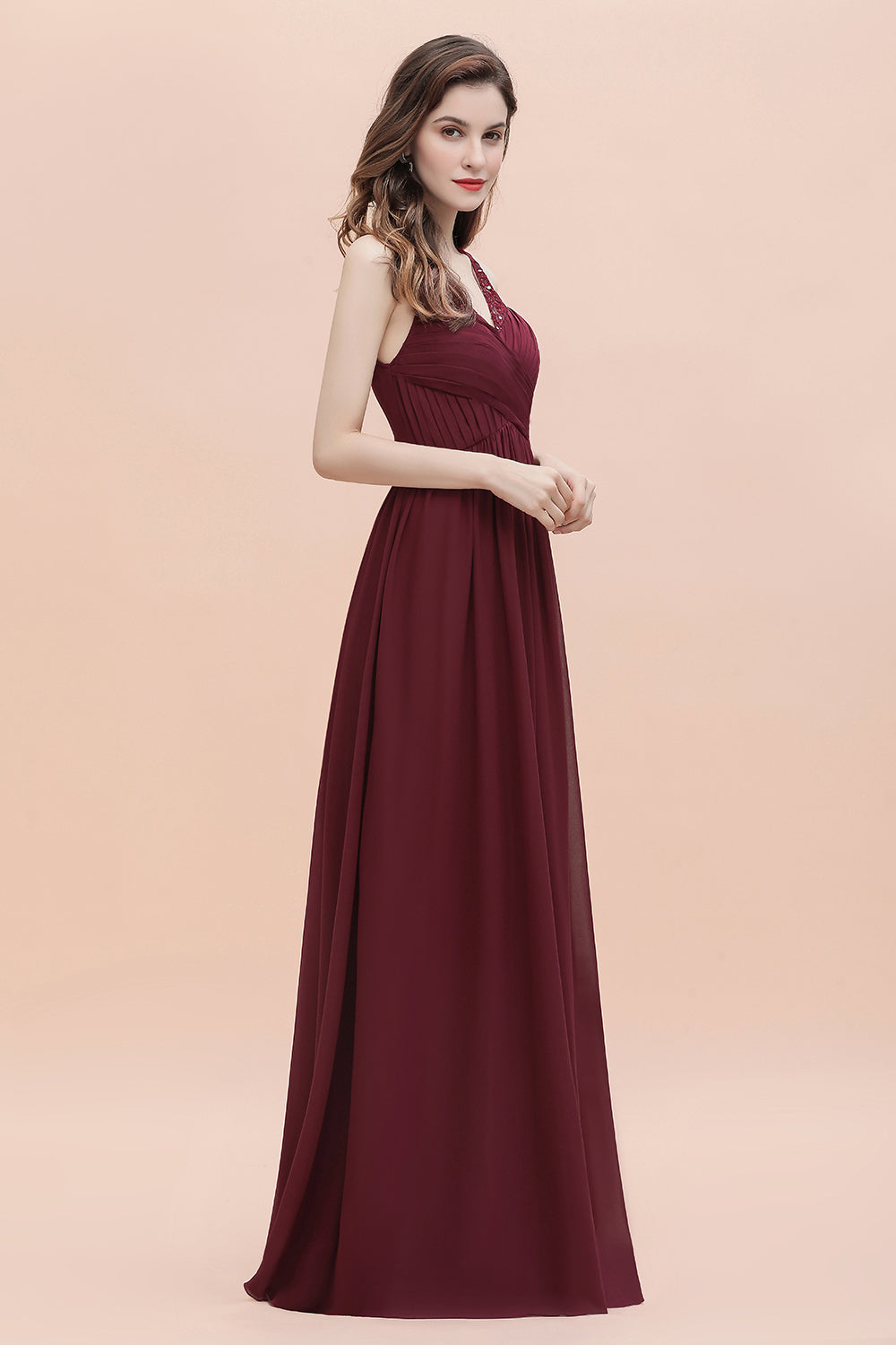 Chicloth Elegant V-Neck Lace Ruffles Bridesmaid Dress Sequins Burgundy Chiffon Evening Dress