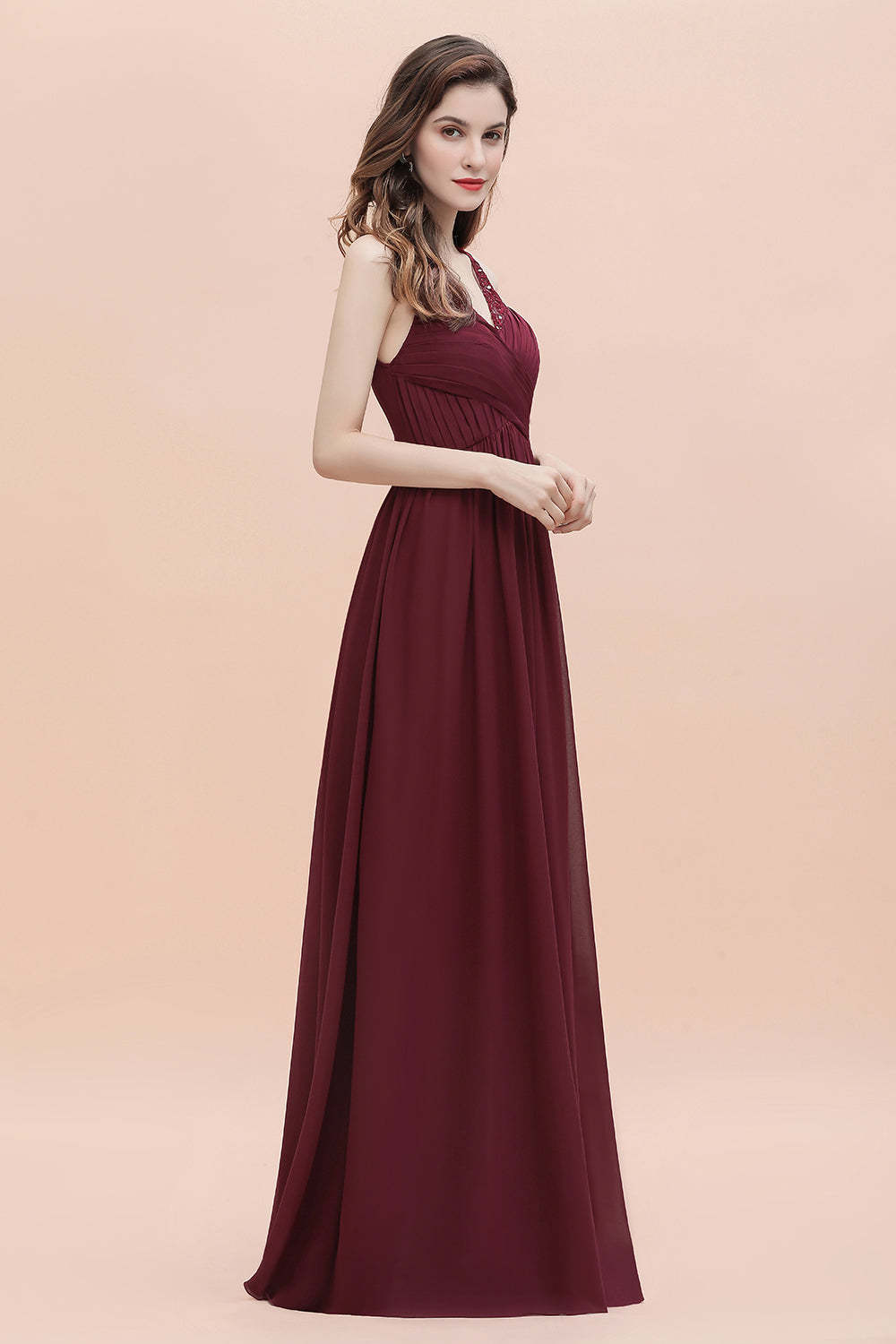 Chicloth Elegant V-Neck Lace Ruffles Bridesmaid Dress Sequins Burgundy Chiffon Evening Dress