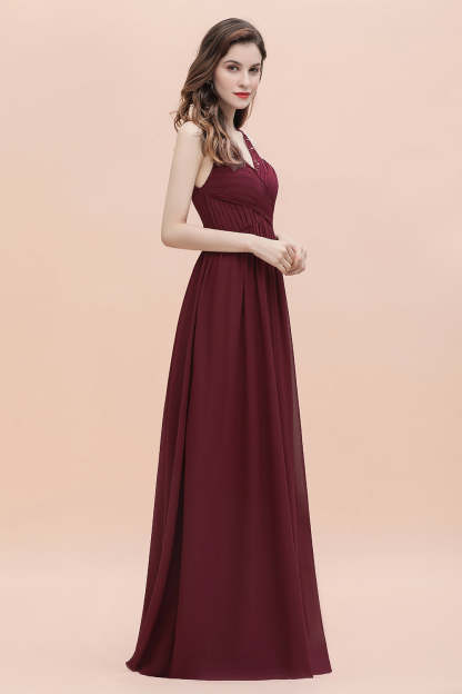 Chicloth Elegant V-Neck Lace Ruffles Bridesmaid Dress Sequins Burgundy Chiffon Evening Dress