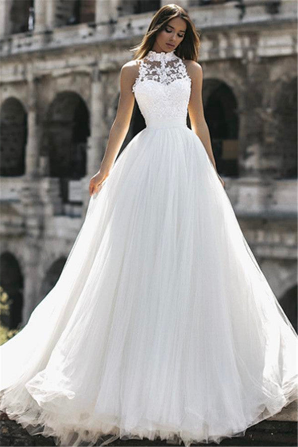 Chicloth High Neck Sleeveless Tulle Wedding Dress Princess Lace Bridal Gowns