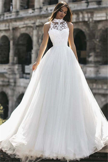 Chicloth High Neck Sleeveless Tulle Wedding Dress Princess Lace Bridal Gowns