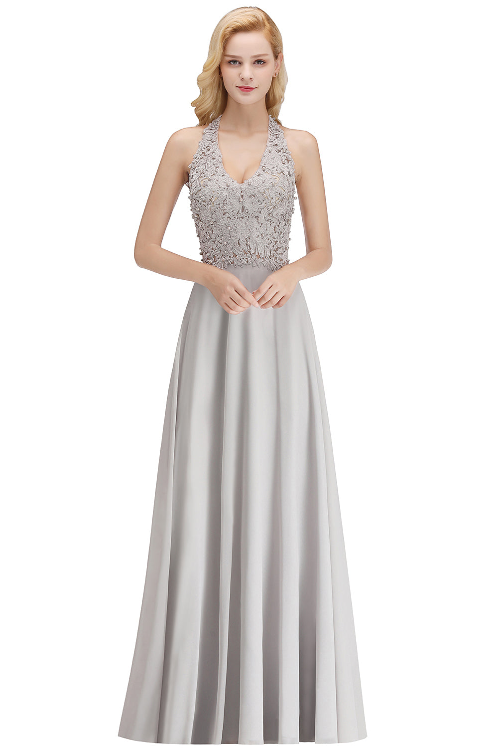 Chicloth A-line Halter Chiffon Lace Bridesmaid Dress with Beadings