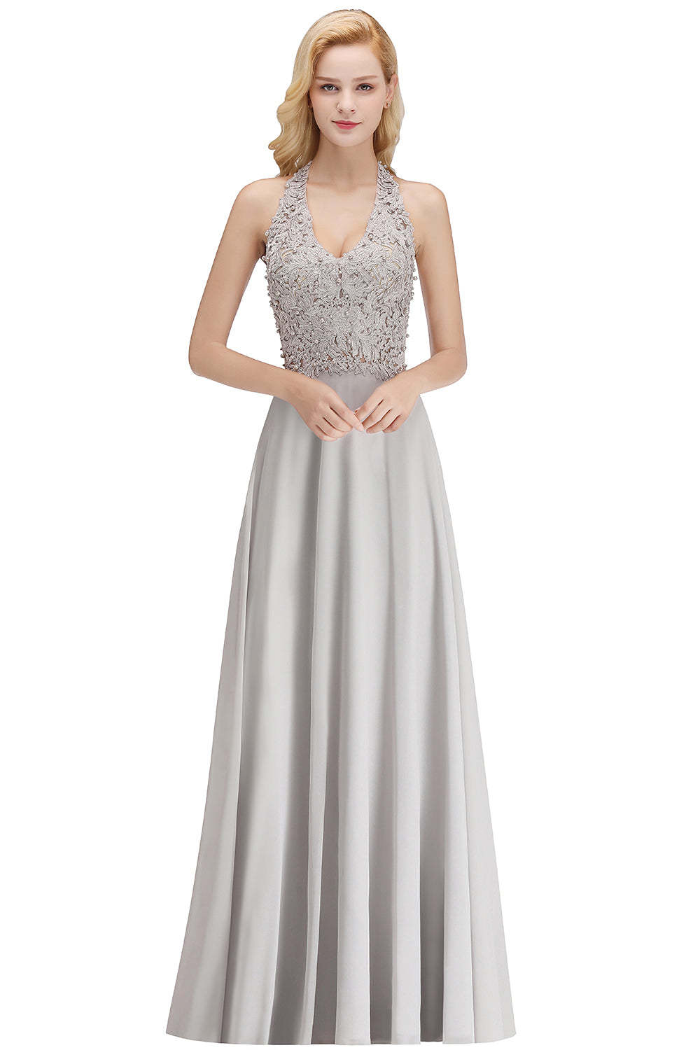 Chicloth A-line Halter Chiffon Lace Bridesmaid Dress with Beadings