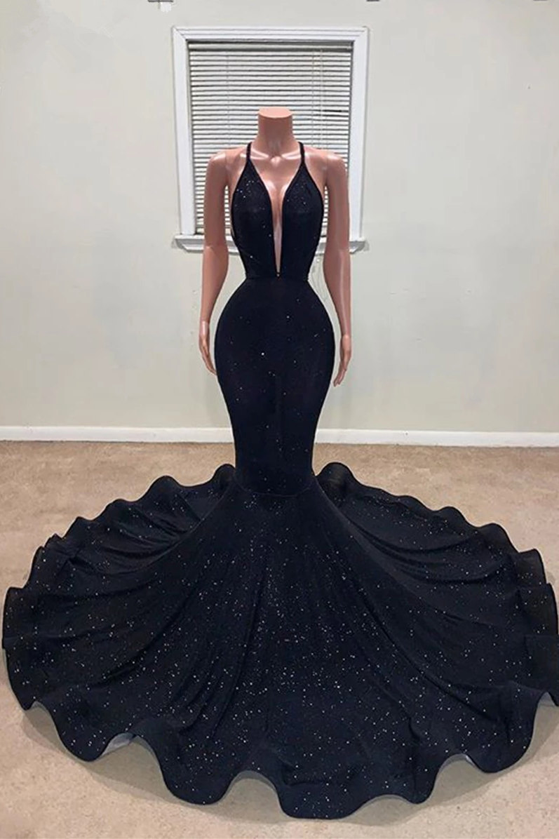 Black Mermaid Flowers Halter Prom Dress