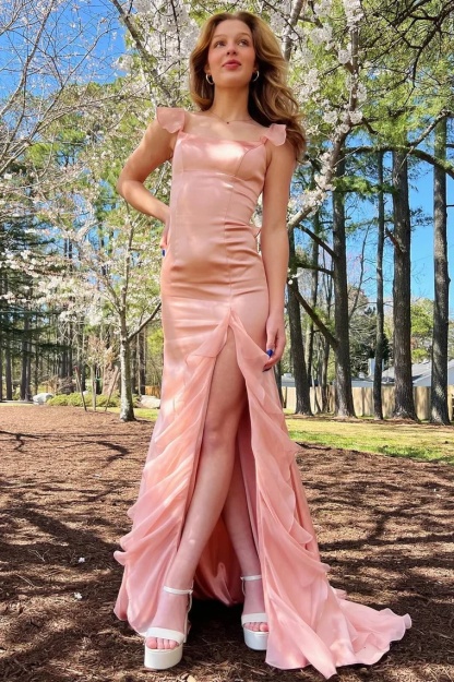 Unique Square Neckline Satin Lace up Split Front Column Prom Dresses 