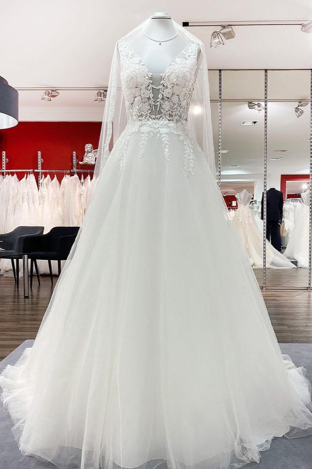 Chicloth Elegant V Neck Tulle Ivory Lace A-Line Wedding Dresses