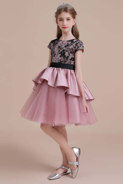 Chicloth A-Line Cap Sleeve Lace Tulle Knee Length Flower Girl Dress On Sale