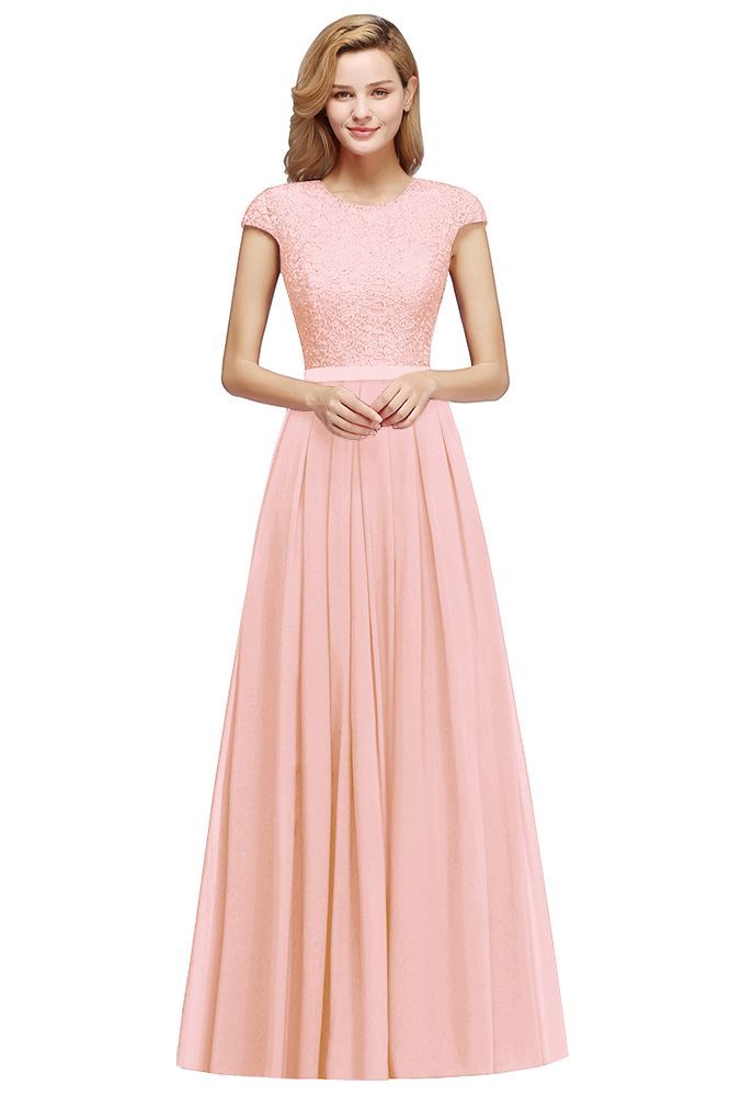 Chicloth A-line Jewel Short Sleeves Chiffon Lace Bridesmaid Dress