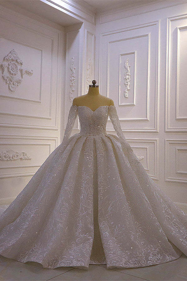 Chicloth Luxury Ball Gown Long Sleeves Wedding Dress Tulle Lace Sweetheart Beadings Bridal Gowns On Sale
