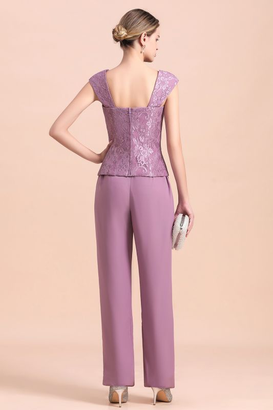 Chiffon 3 Pieces Mother of the Bride Dress Scoop Neck Floral Lace Lilac Jumpsuit Wedding Guest Dress