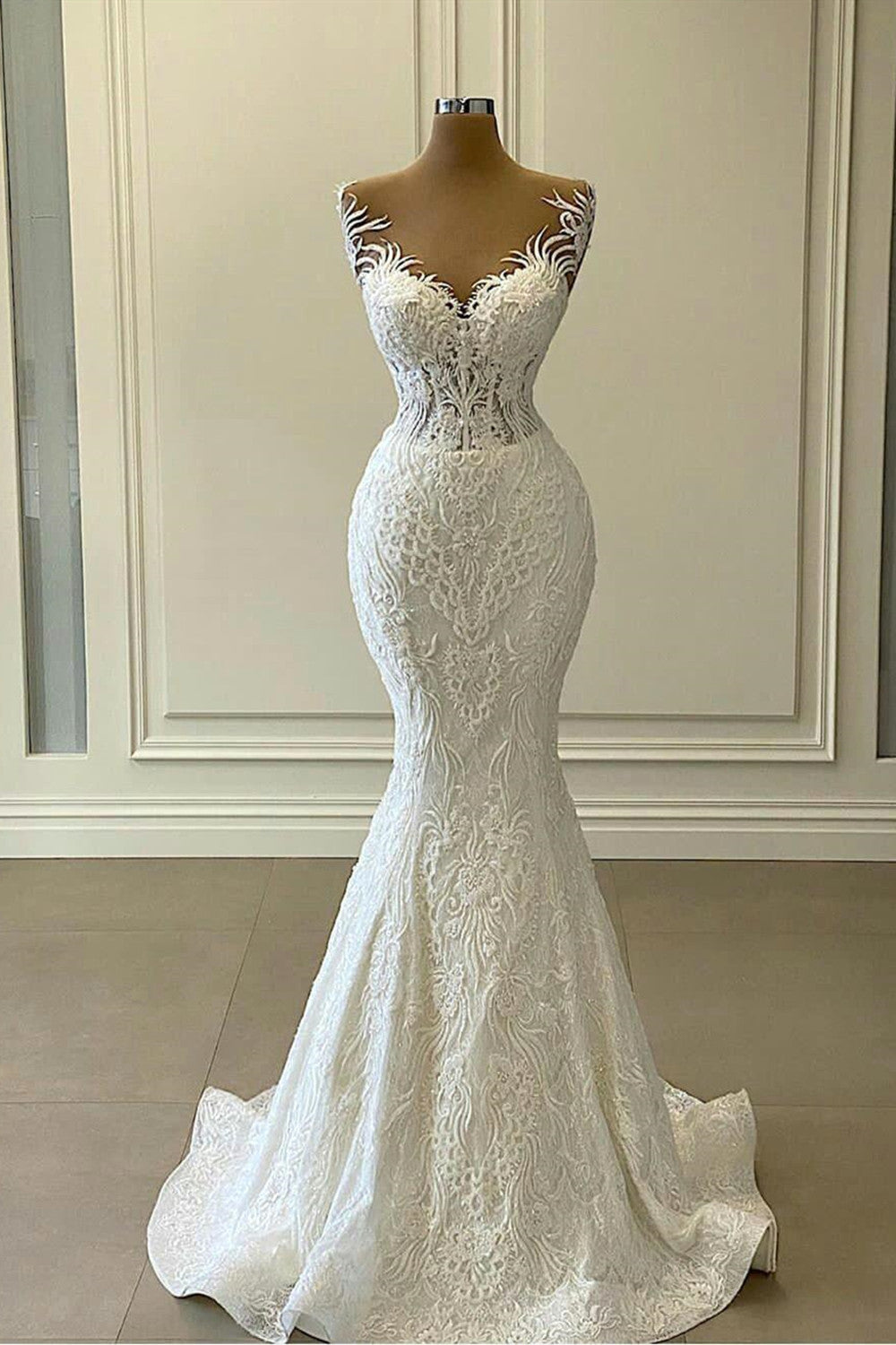 Chicloth Lace Mermaid Wedding Dress Long With Detachable Skirt