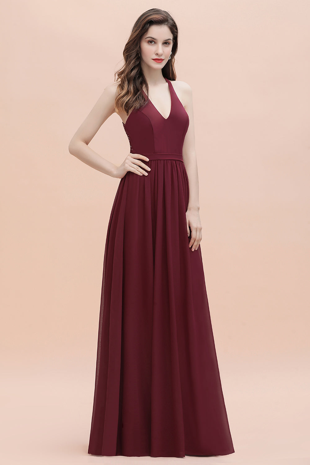 Chicloth A-Line Lace Burgundy Bridesmaid Dress Lace Sequins Sleeveless Evening Dress