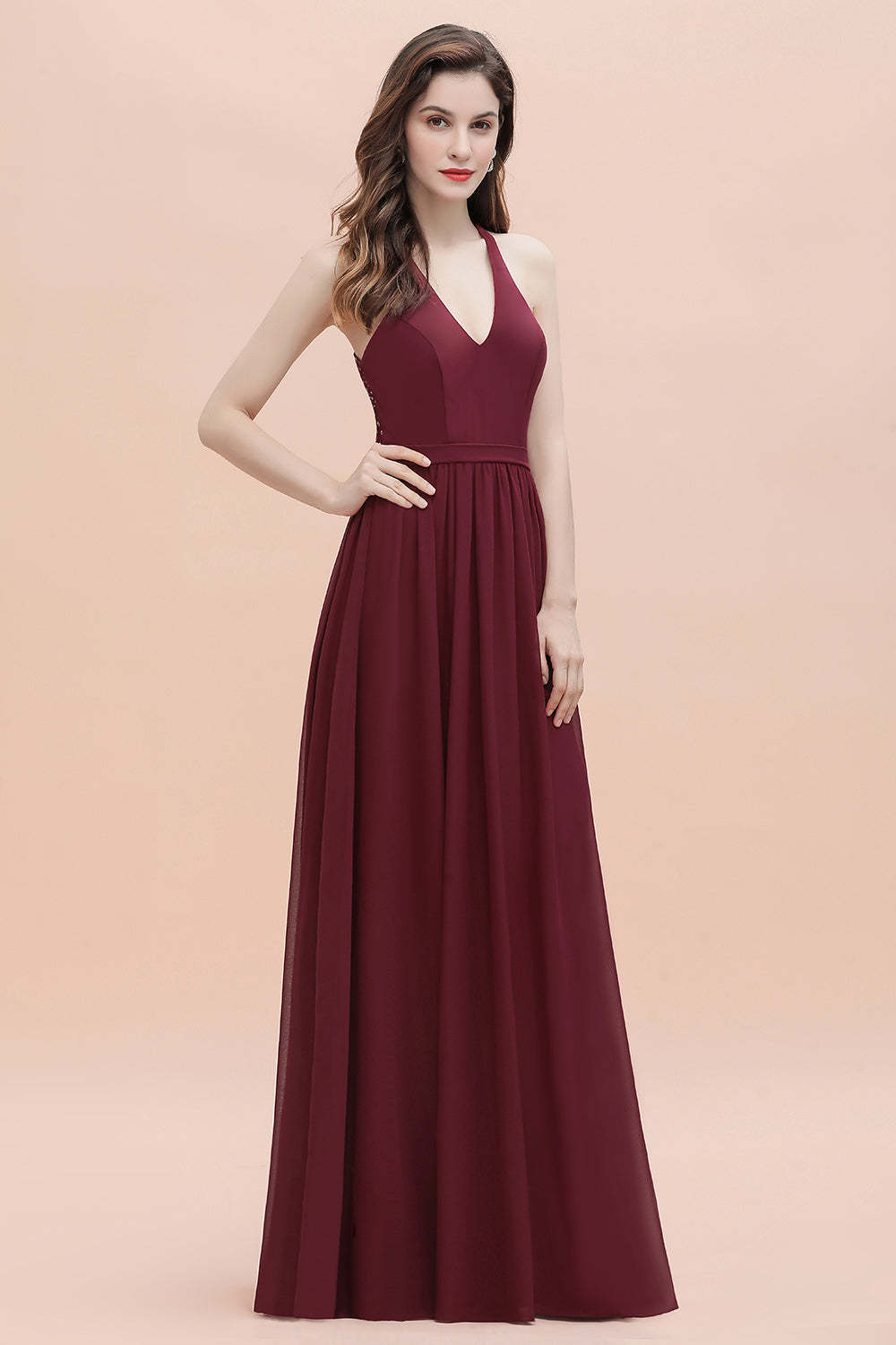 Chicloth A-Line Lace Burgundy Bridesmaid Dress Lace Sequins Sleeveless Evening Dress