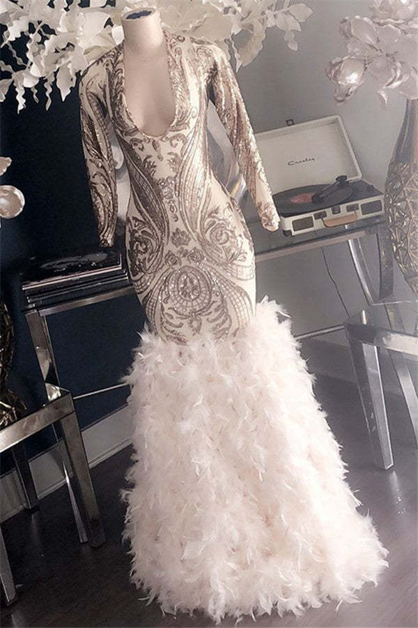 Chicloth Deep V-Neck Long Sleeves Prom Dress Mermaid Sequins With Ruffles
